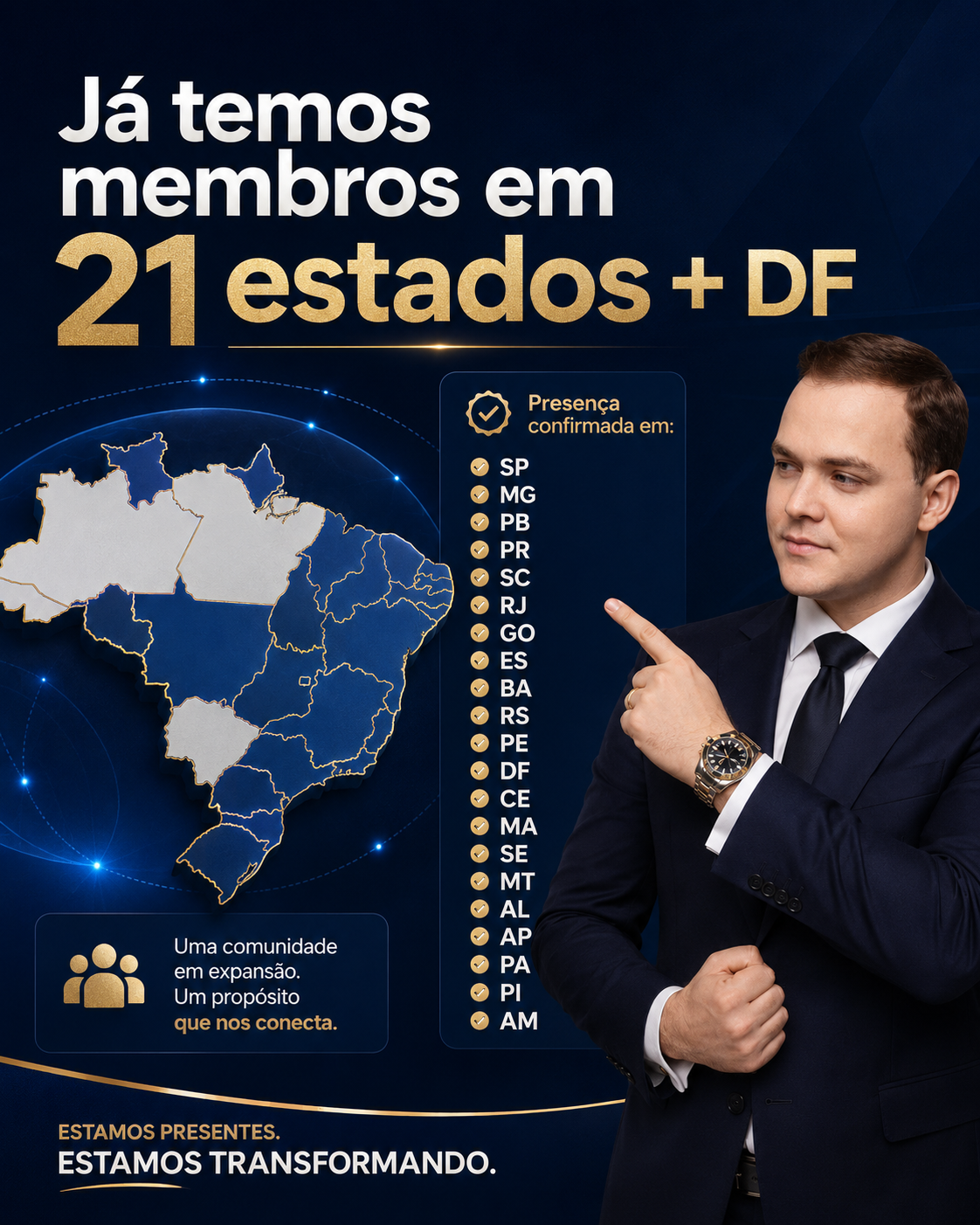 Mapa do Brasil com membros do 123 Perito em 21 estados e Distrito Federal
