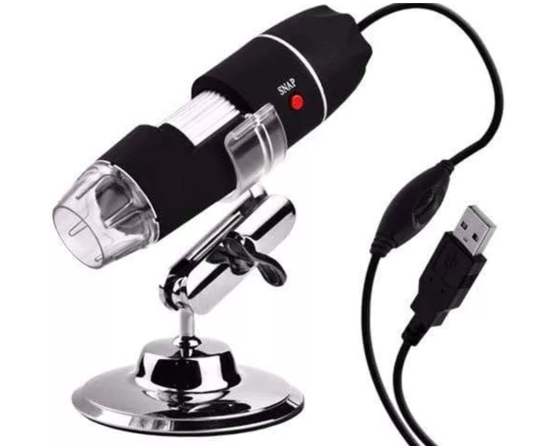 Microscópio digital USB com ampliação de até 1000x, incluído no curso 123 Perito