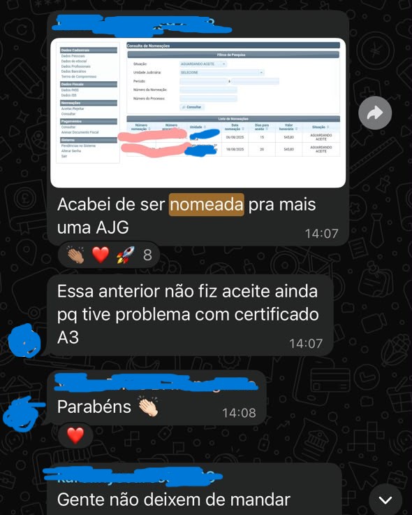Aluna compartilhando uma nova nomeação para perícia judicial