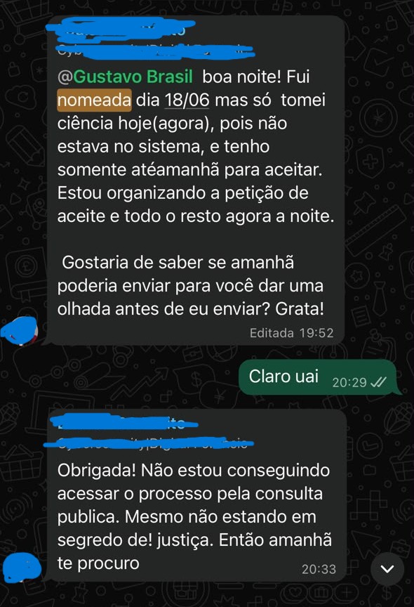 Aluna nomeada pedindo apoio do professor para preparar a petição de aceite